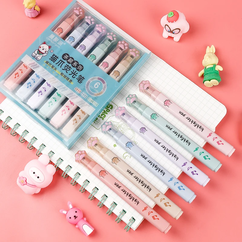 Pastel Highlighter Set Double Ended - 6 pezzi/pacco Kawaii Cat Claw Evidenziatori